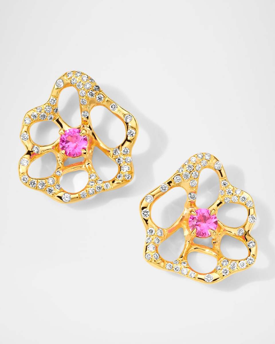 18K Stardust Drizzle Flora Small Diamond Stud Earrings with Pink Sapphires